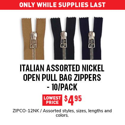 Italian Assorted Nickel Open Pull Bag Zippers - 10/Pack $4.95 / ZIPCO-12NK / Assorted styles, sizes, lengths and colors.
