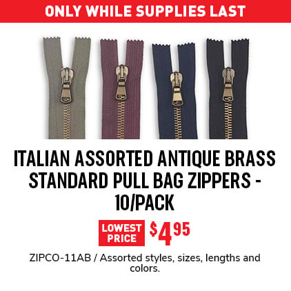 Italian Assorted Antique Brass Standard Pull Bag Zippers - 10/Pack $4.95 / ZIPCO-11AB / Assorted styles, sizes, lengths and colors.