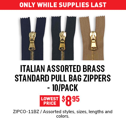 Italian Assorted Brass Standard Pull Bag Zippers - 10/Pack $8.95 / ZIPCO-11BZ / Assorted styles, sizes, lengths and colors.