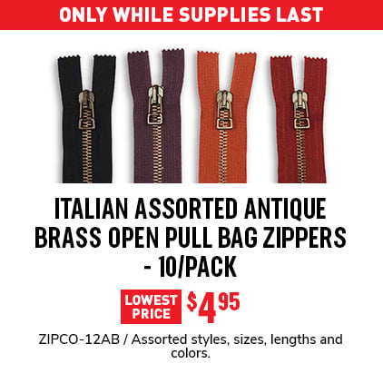 Italian Assorted Brass Standard Pull Bag Zippers - 10/Pack $4.95 / ZIPCO-12AB / Assorted styles, sizes, lengths and colors.
