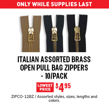 Italian Assorted Brass Open Pull Bag Zippers - 10/Pack $4.95 / ZIPCO-12BZ / Assorted styles, sizes, lengths and colors.