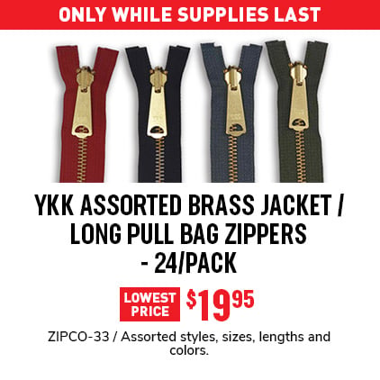 YKK Assorted Brass Jacket / Long Pull Bag Zippers - 24/Pack $19.95 / ZIPCO-33 / Assorted styles, sizes, lengths and colors.