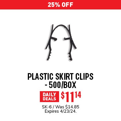 25% Off Plastic Skirt Clips - 500/Box / $11.14 / SK-6 / Was $14.85 / Expires 4/23/24.
