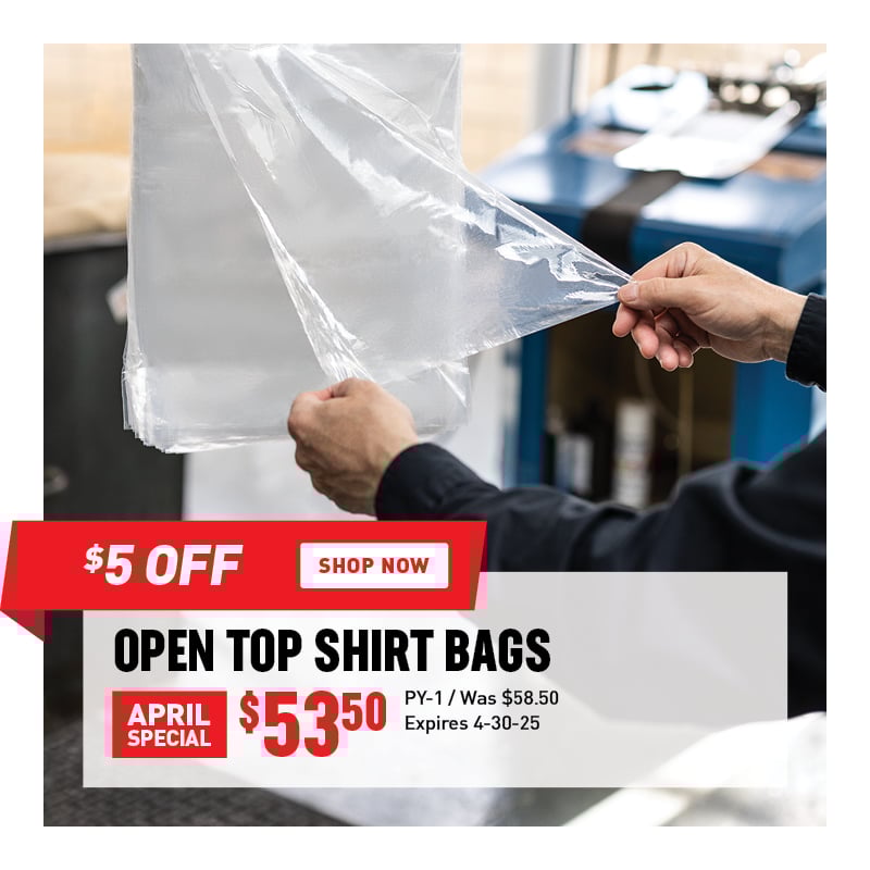 $5 Off Open Top Shirt Bags $53.50 / PY-1 / Was $58.50 / Expires 4-30-25.