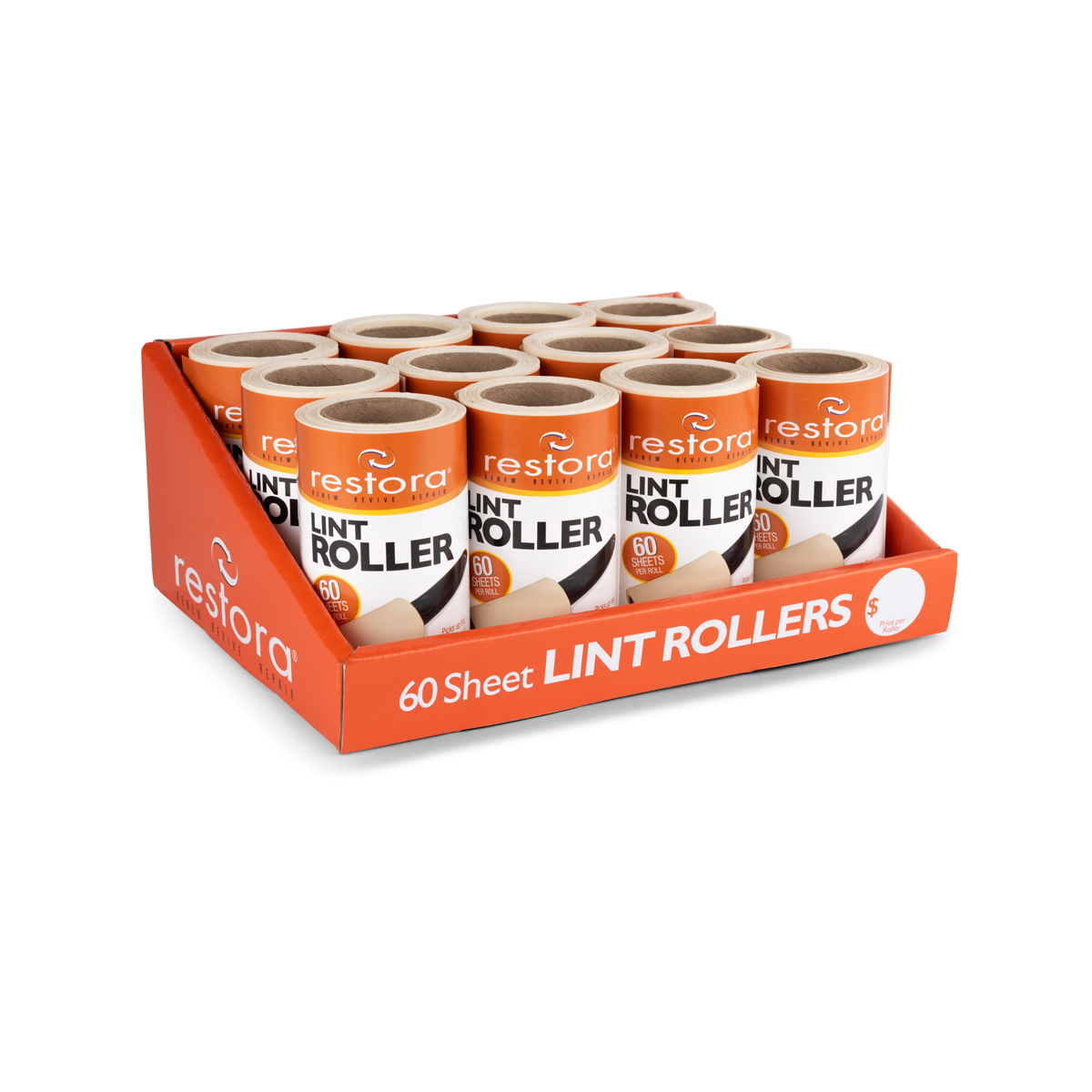 12 Rolls No Handle Restora Lint Roller Remover 60-Sheets Refill 