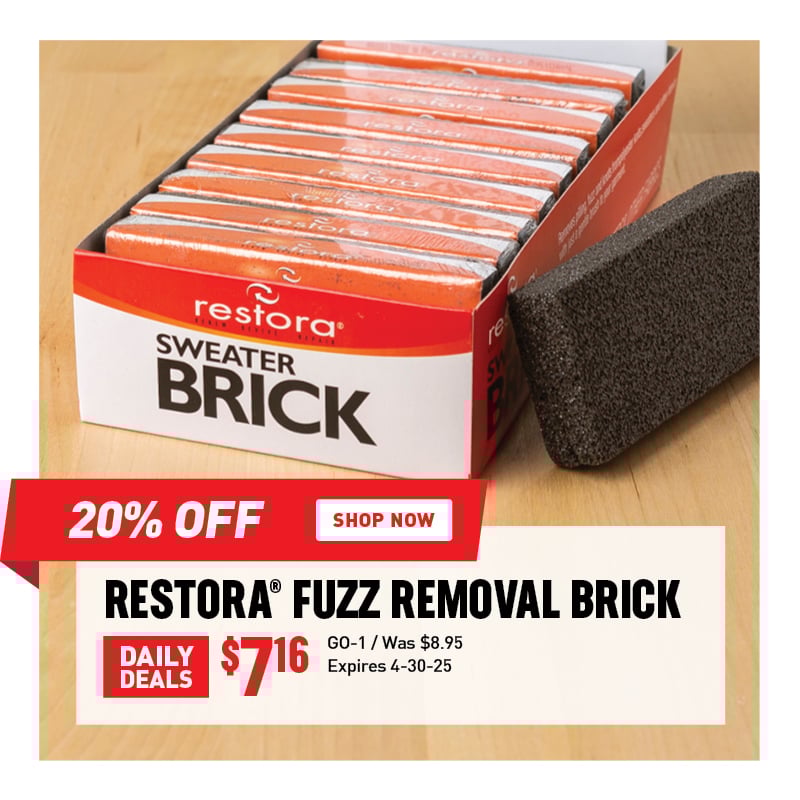 20% Off Restora Fuzz Removal Brick $7.16 / GO-1 / Was $8.95 / Expires 4-30-25.