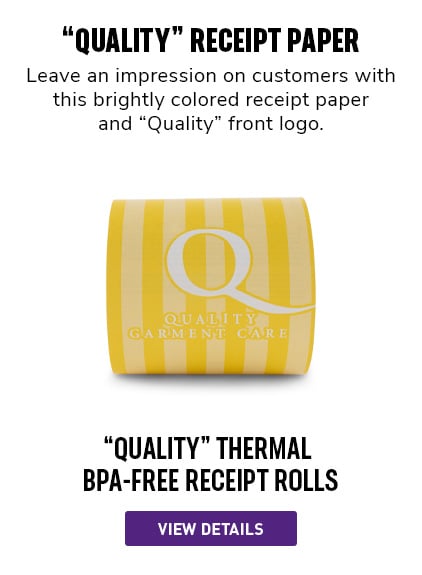 "Quality" Receipt Paper | Leave an impression on customers with this brightly colored receipt paper and “Quality” front logo. 