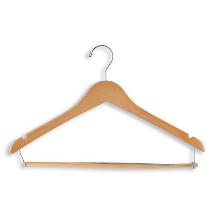Wooden Hangers W/ Lock Down Bar - 17 Length/ 4 1/4 Neck - 100/Pack -  Cleaner's Supply