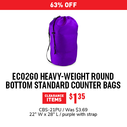 63% Off Eco2go Heavy-weight Round Bottom Standard Counter Bags $1.35 / CBS-21PU / Was $3.69 / 22" W x 28" L / purple with strap.
