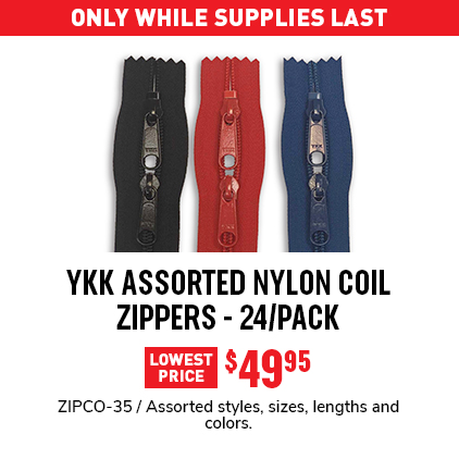 YKK Assorted Nylon Coil Zippers - 24/Pack $49.95 / ZIPCO-35 / Assorted styles, sizes, lengths and colors.