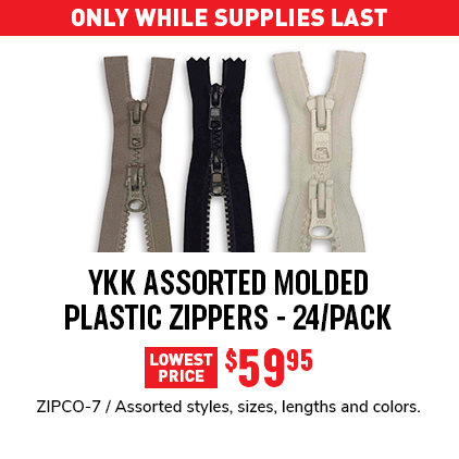 YKK Assorted Molded Plastic Zippers - 24/Pack $59.95 / ZIPCO-7 / Assorted styles, sizes, lengths and colors.