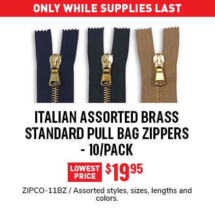 Italian Assorted Brass Standard Pull Bag Zippers - 10/Pack $19.95 / ZIPCO-11BZ / Assorted styles, sizes, lengths and colors.