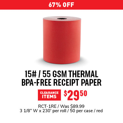 33% Off 15# / 55 GSM Thermal BPA-Free Receipt Paper $59.95 / RCT-1RE / Was $89.99 / 3 1/8" W x 230' per roll / 50 per case / red.