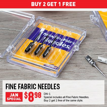 Buy 2 Get 1 Free Fine Fabric Needles $8.98 DN-1 / Special includes all Fine Fabric Needles / Buy 2 get 1 free of the same style.