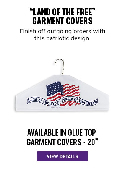 "Land Of The Free" Garment Cover | Finish off outgoing orders with Garment Covers featuring a patriotic front design. 